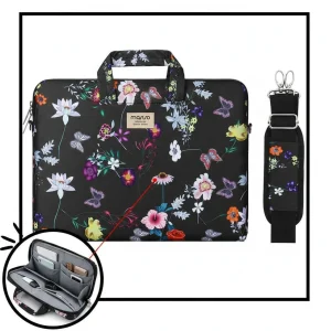 Sacoche Ordinateur Femme Noire Motifs Floraux - Vue 1 - Sacoche Ordinateur
